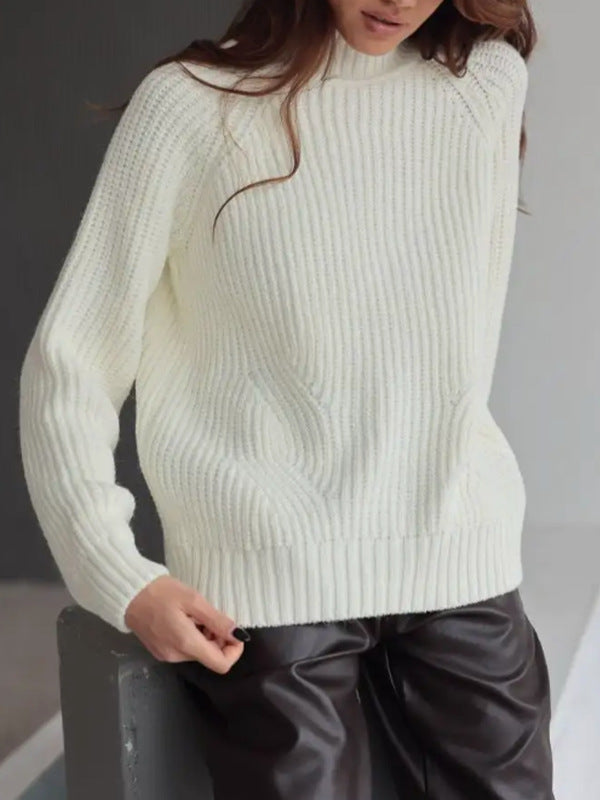 Pull Femme En Maille Mélange De Laine Col Roulé Décontracté Manches Raglan Maille À Côtes Taupe