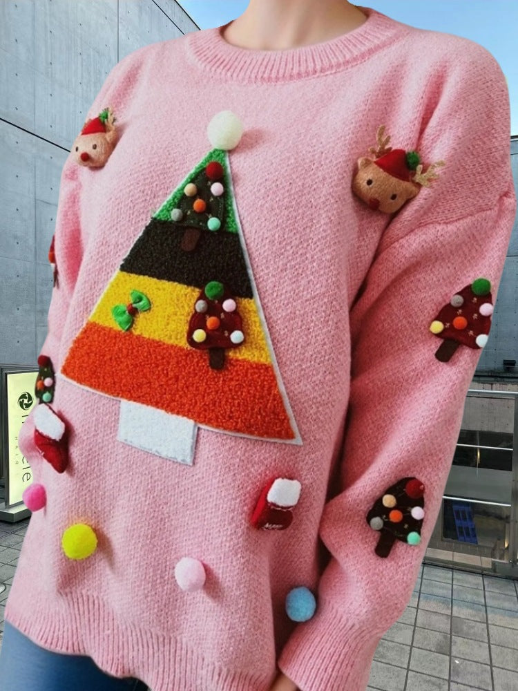 Damen Weihnachts-Pullover mit 3D-Elementen und festlichen Applikationen Amawinc