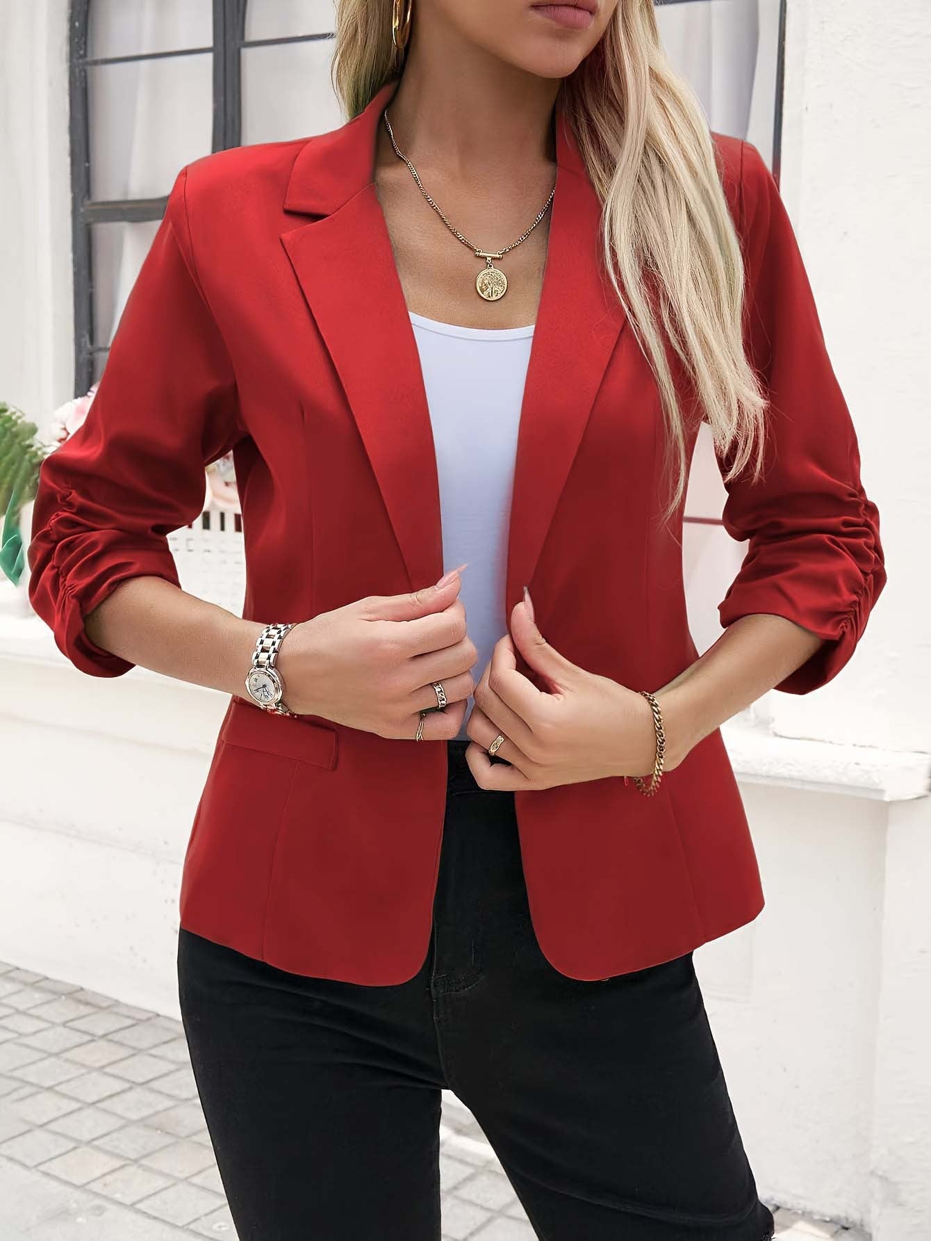 Damen modische Blazerjacke mit innovativem Schnitt und elastischen Ärmeln Amawinc