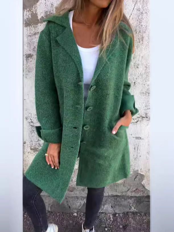 Manteau Midi Femme Coupe Décontractée Aspect Laine Col Revers Simple Boutonnage Amawinc