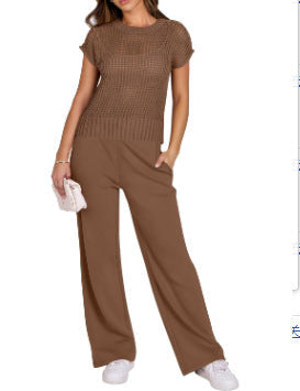 Ensemble Deux Pièces Femme Amawinc Haut Maille Ouverte Manches Courtes Pantalon Large Confort Décontracté