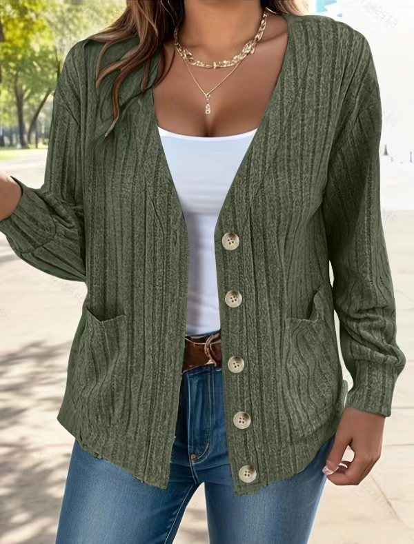 Cardigan Femme Décontracté En Maille Côtelée Avec Boutons Devant Et Poches Longueur À La Hanche