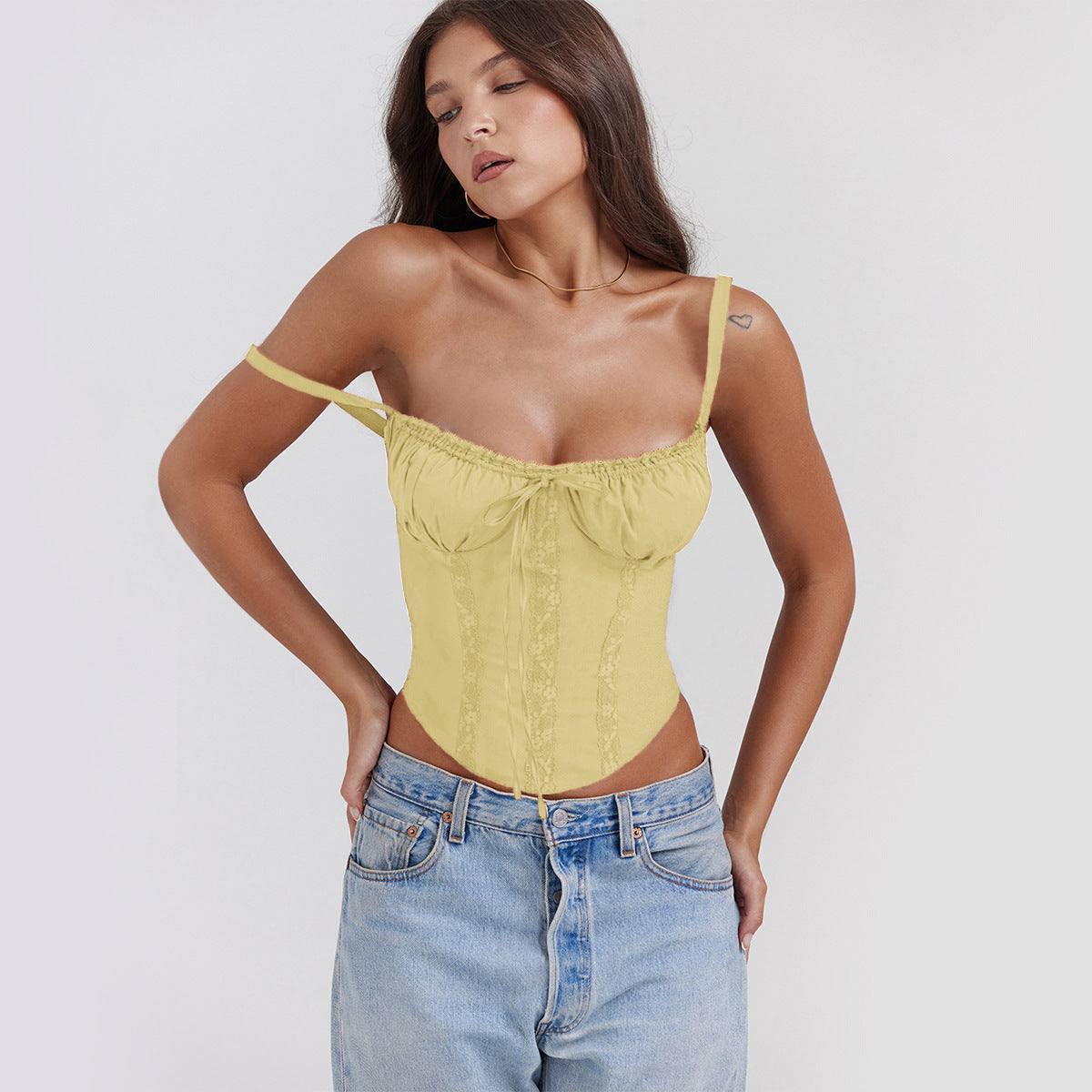Camisole Femme Slim Fit Satin Look Dentelle Bretelles Spaghetti Courte Pour Jour Et Soir