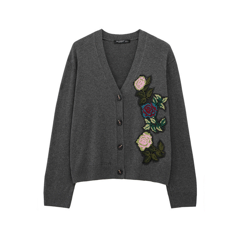 Damen Strickjacke mit floralem Stickdesign Amawinc