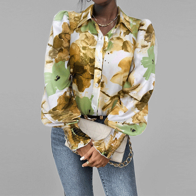 Chemise Femme Oversize Imprimé Floral Manches Bouffantes Poignets Smockés Style Bohème