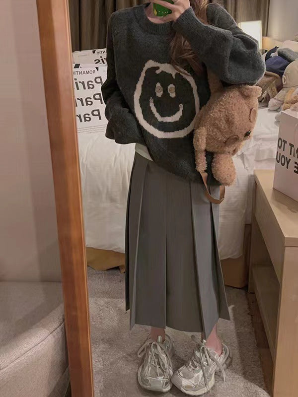 Damen lässiger Strickpullover mit fröhlichem Smiley-Motiv und modernem Schnitt Amawinc