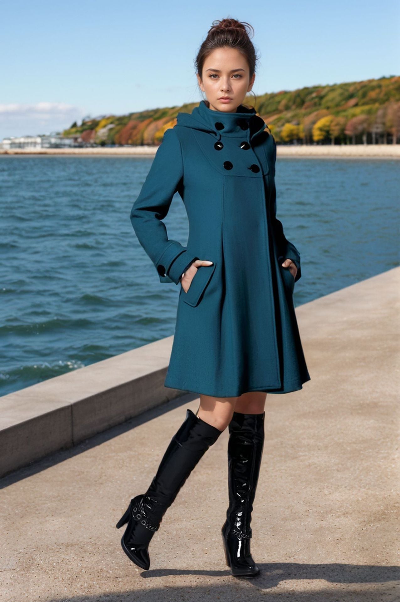 Damen eleganter Mantel mit hohem Kragen und funktionalen Taschen Amawinc