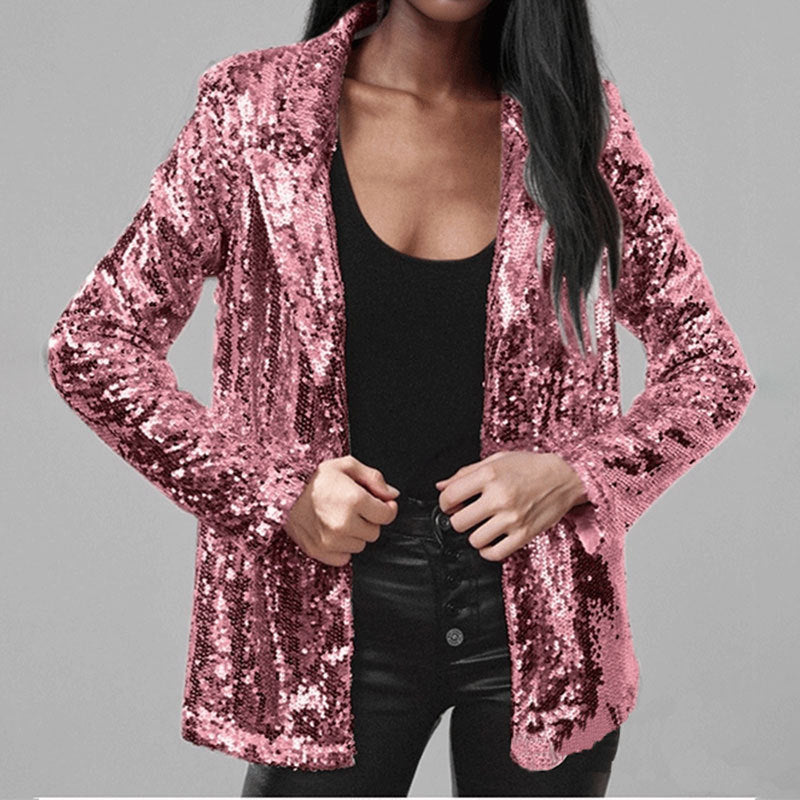 Blazer Femme Revêtu De Sequins À Ouverture Devant Coupe Ajustée Manches Longues Élégant Pour Soirées Festives