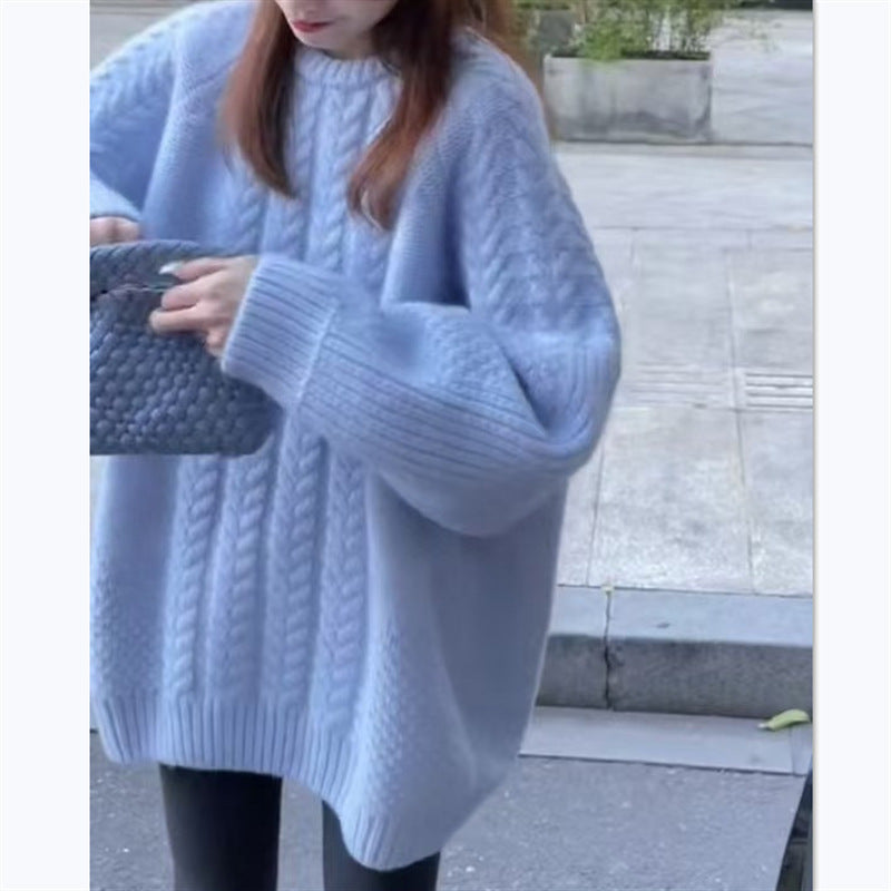 Damen Grobstrickpullover mit modischem Zopfmuster und überschnittenen Schultern Amawinc