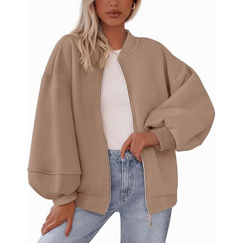 Damen lässige Oversized-Jacke mit Reißverschluss und ballonen Ärmeln Amawinc