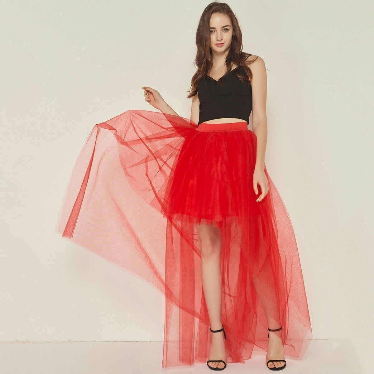 Damen Tüllrock mit asymmetrischer Länge und elastischem Bund Amawinc