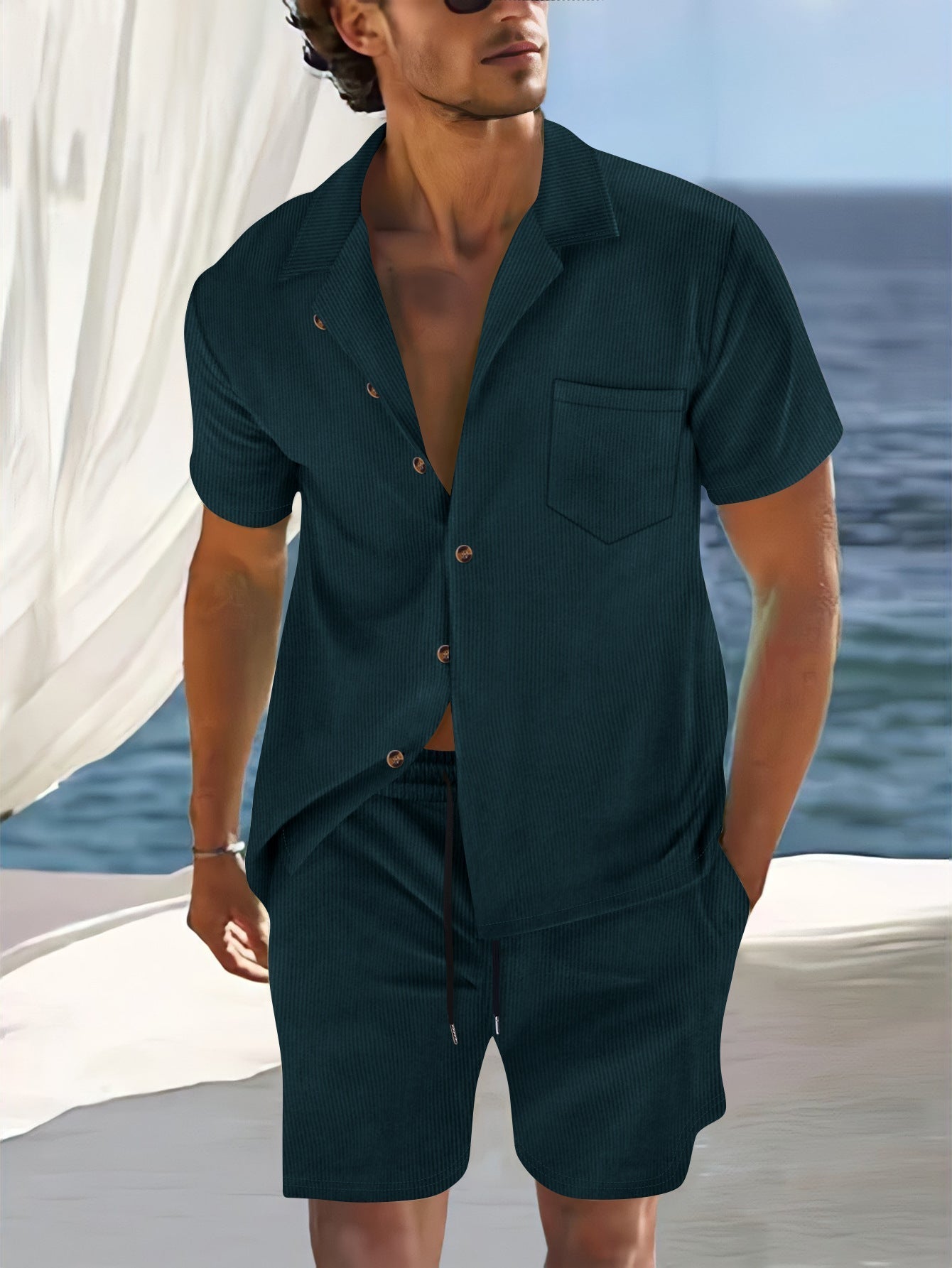 Ensemble Chemise Homme Manches Courtes Avec Col Revers Rayures Verticales Bouton Devant Deux Pièces Été Décontracté