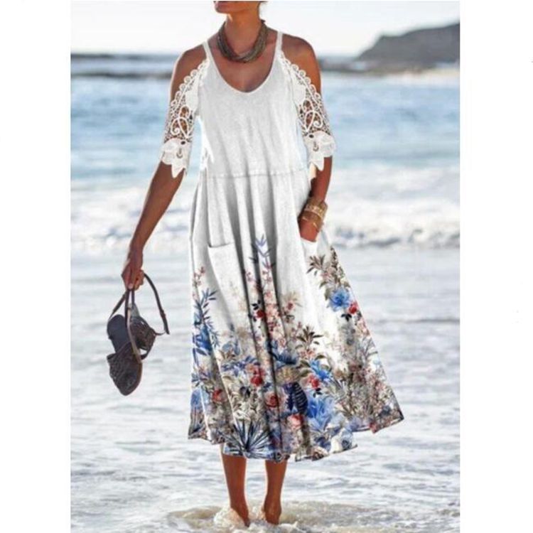Robe Maxi Femme À Coupe Fluide Avec Manches En Dentelle À Épaules Dénudées Imprimé Floral Et Poches