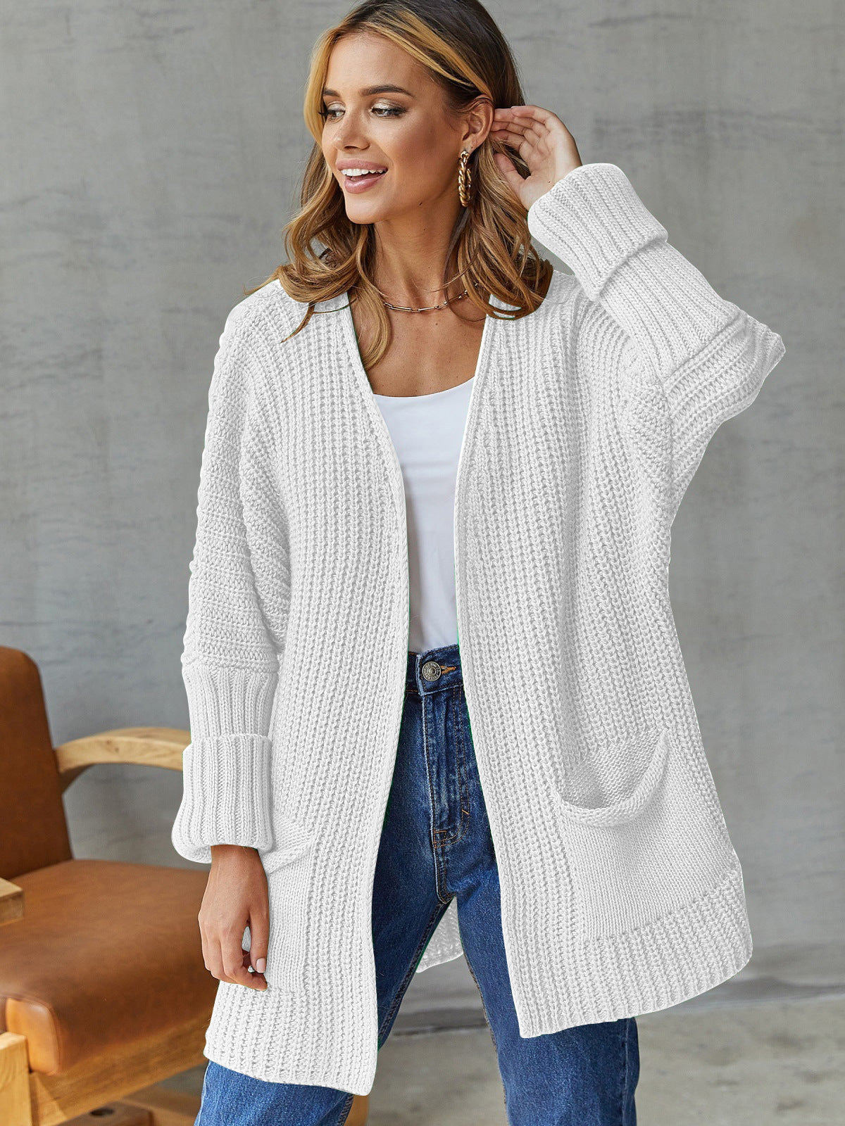 Damen gestrickter Cardigan mit großzügigen Taschen und strukturiertem Design Amawinc