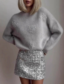 Damen Glamouröser Paillettenrock mit floralem Detail Amawinc