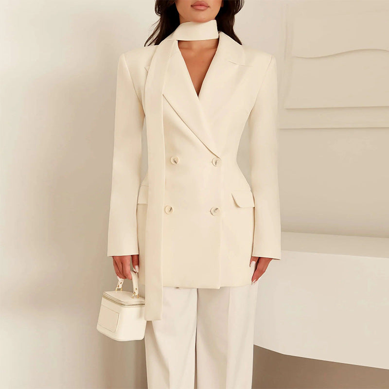 Damen eleganter taillierter Blazer mit Schal Amawinc