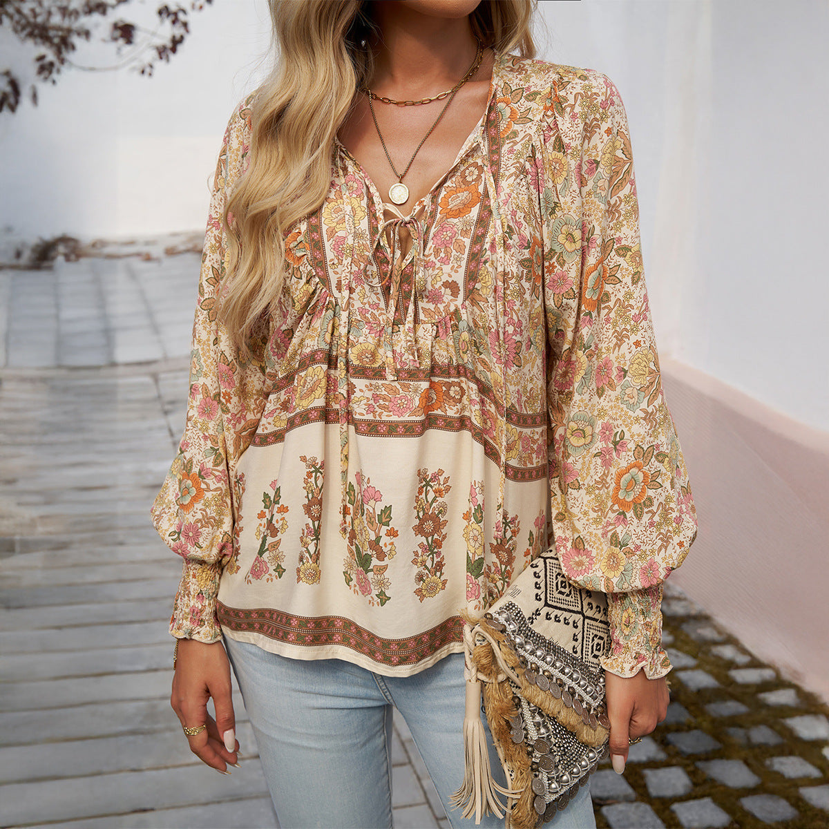 Blouse Femme En Rayon Léger Coupe Décontractée Encolure À Nœud Imprimé Bohème Manches Longues