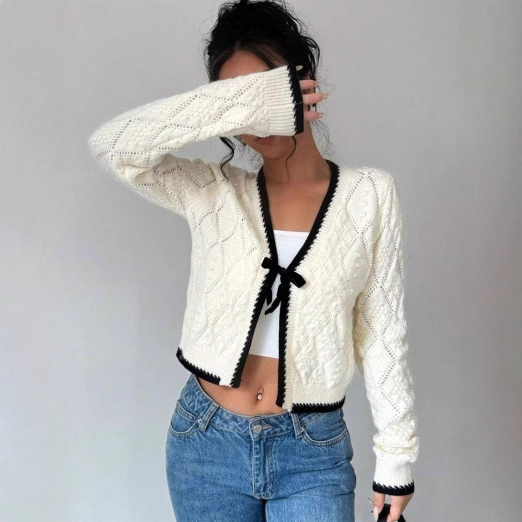 Cardigan En Maille Court Pour Femme Amawinc Avec Fermeture Par Noeud Et Manches Longues Décontracté