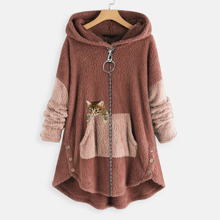 Veste Capuche Longue pour Femme Coupe Oversize en Polaire Douce Poche Chat Ourlet Haut Bas