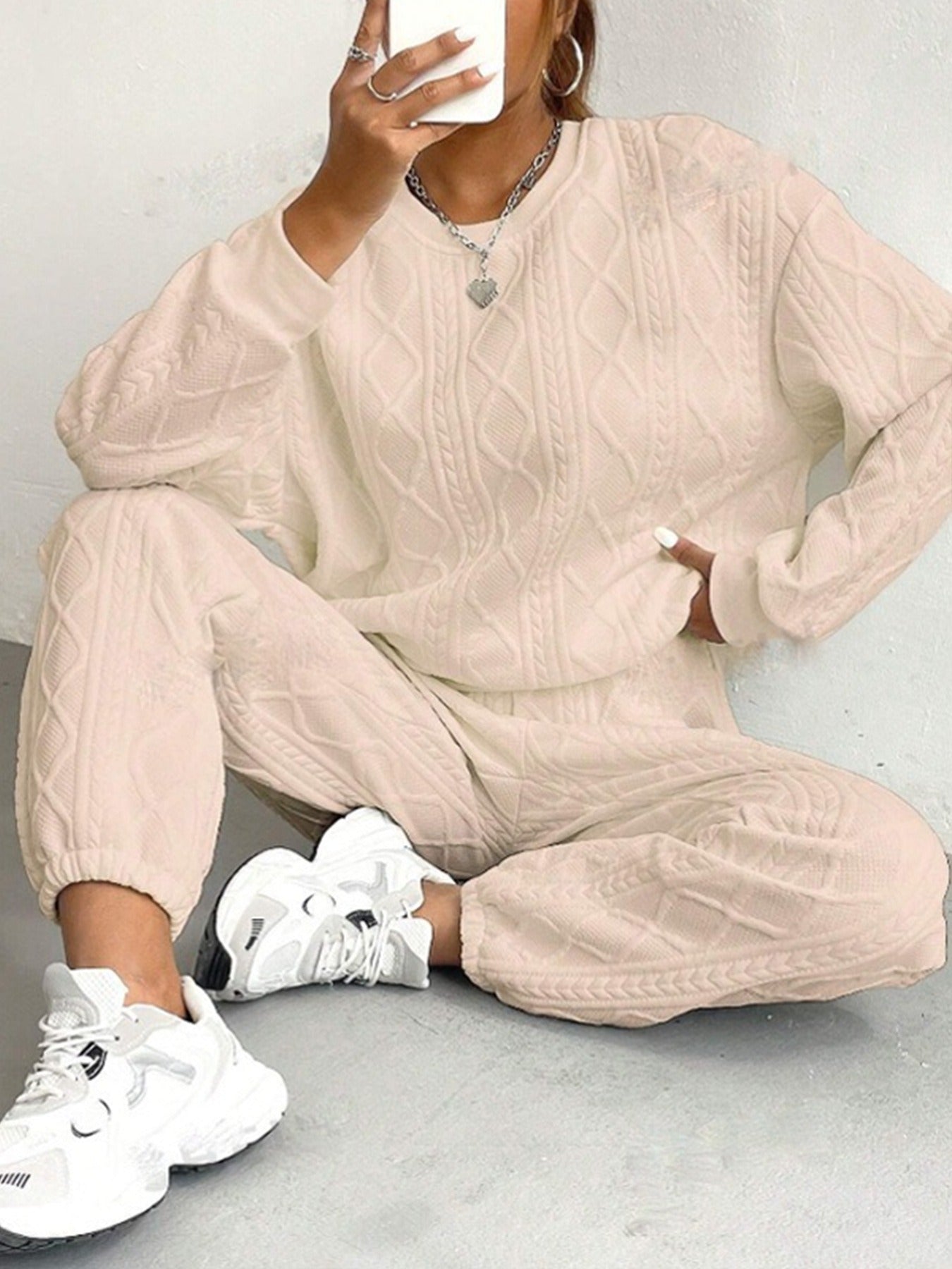 Ensemble Deux Pièces Femme Lounge Tricot Câble Coupe Décontractée Haut À Manches Longues Pantalon À Ourlets Côtelés