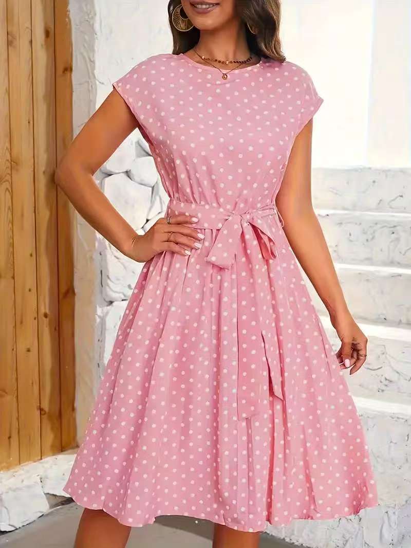 Damen Midikleid mit taillierendem Bindegürtel und verspieltem Polka-Dots Design Amawinc