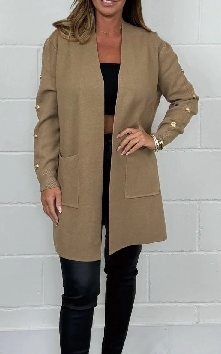 Damen Elegante Strickjacke mit Knopfdetails und Taschen Amawinc