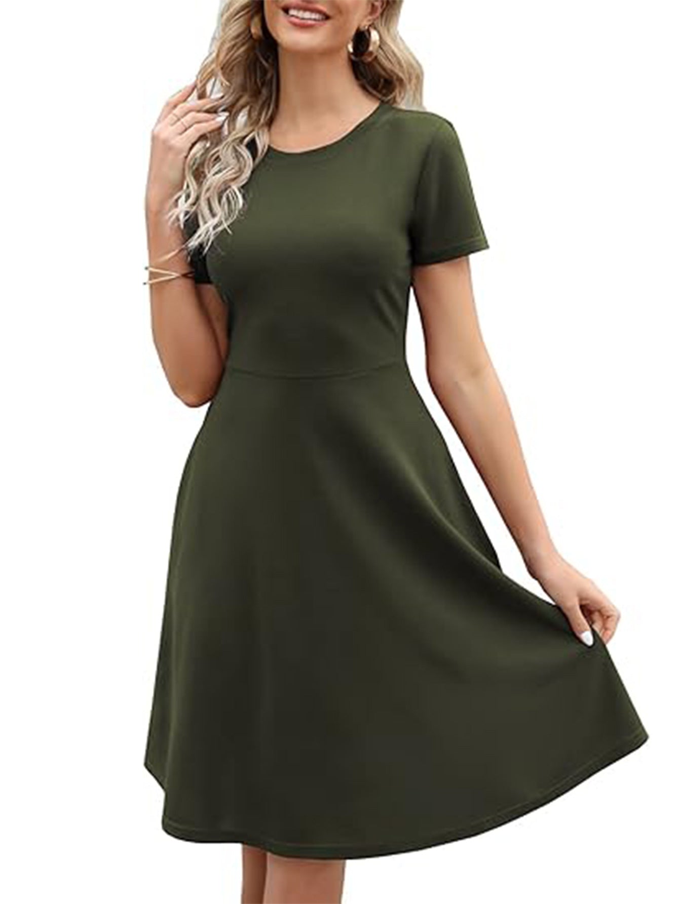 Robe Pour Femme Amawinc Coupe Évasée Genou Manches Courtes Col Rond Élégante et Polyvalente