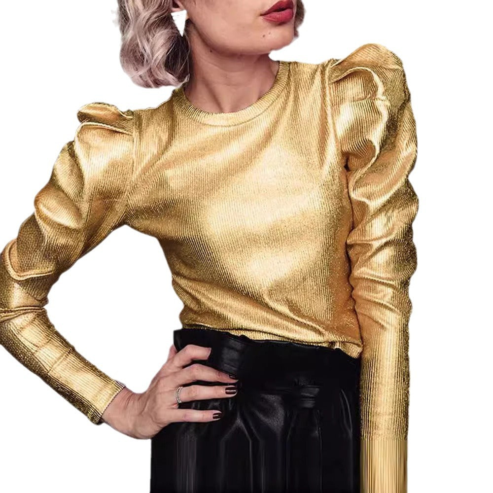 Damen funkelndes Oberteil mit voluminösen Ärmeln Amawinc