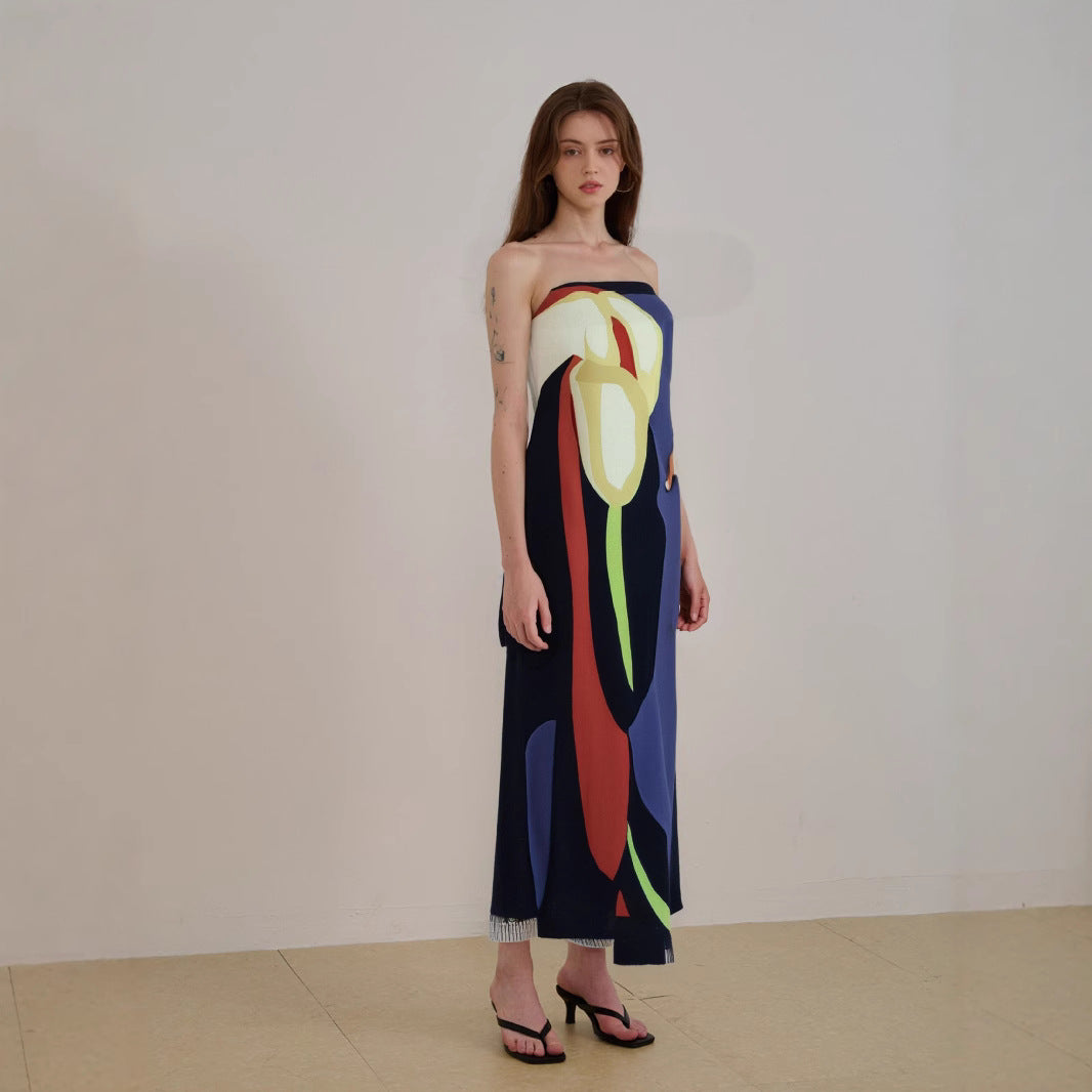 Robe Midi Sans Bretelles Légère Et Fluide Avec Motif Abstract Moderne Polyvalente Pour Été Soleil Et Nuits Festives