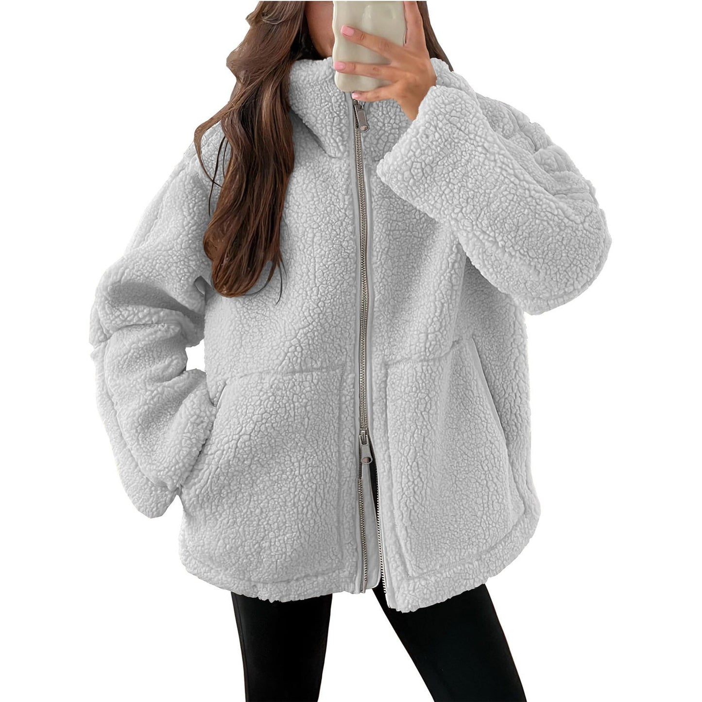 Damen Kuschelige Teddy-Jacke mit Reißverschluss Amawinc