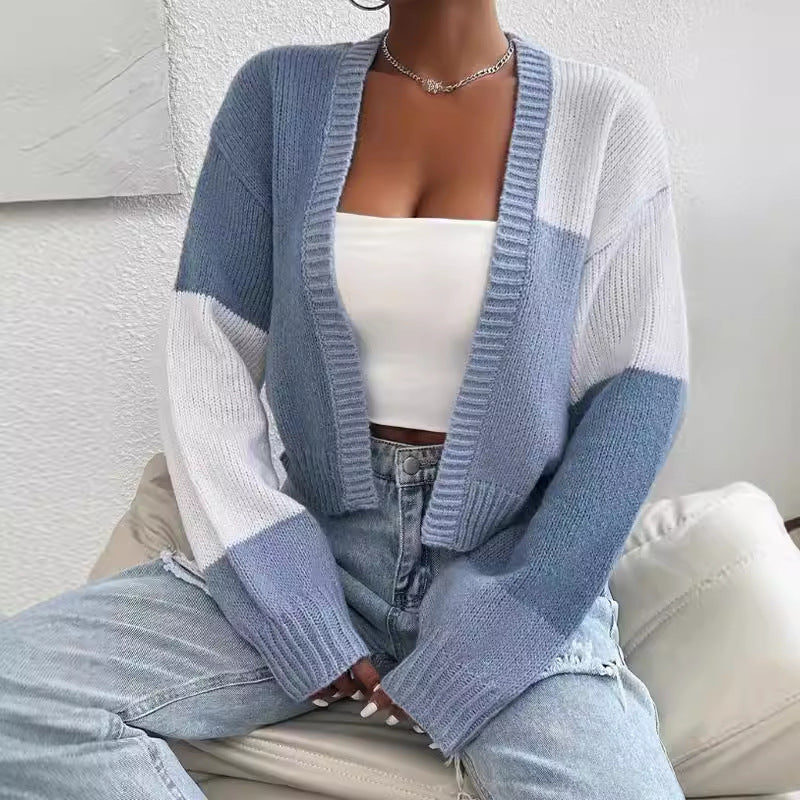 Cardigan Femme Maille Court V-Neck Motif Bloc Sophistiqué Style Décontracté Pour Toutes Saisons
