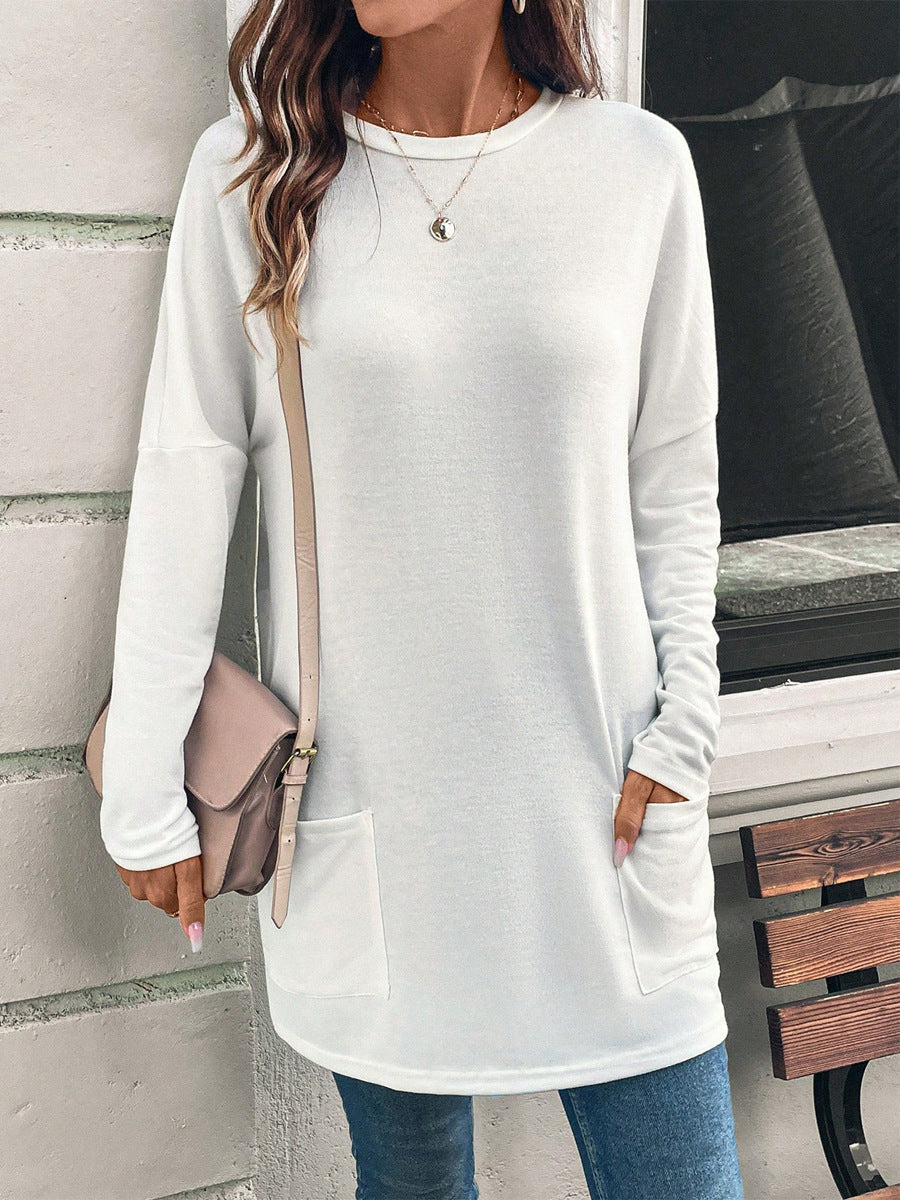 Sweatshirt Femme Décontracté Longueur Tunique En Coton Mélangé Col Rond Poches Latérales Confort