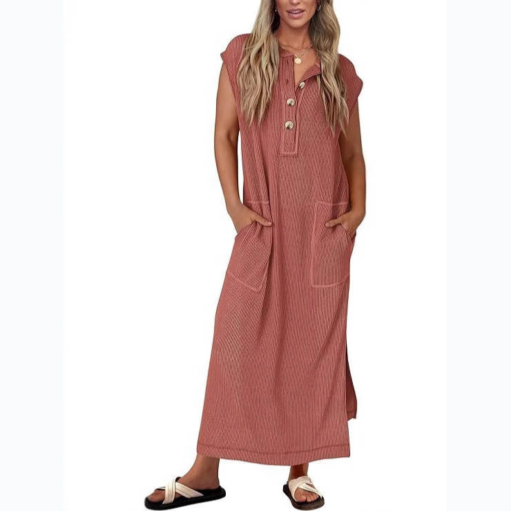 Robe Maxi Femme Coupe Décontractée Tissu Coton Lin Poches Latérales Manches Courtes