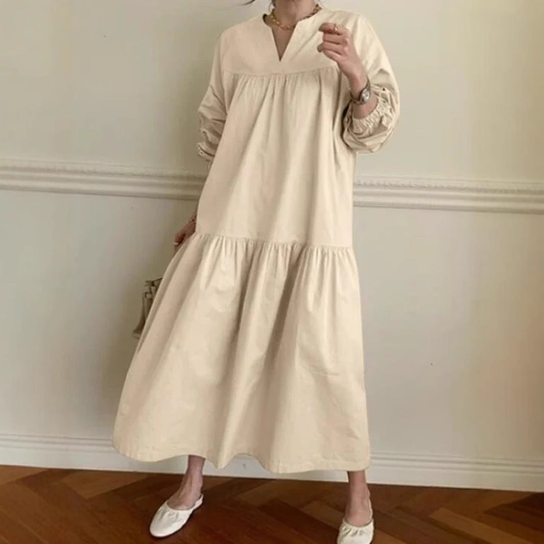 Robe Longue Femme En Mélange Coton Lin Oversize V Col Manches Bouffantes Confort Quotidien