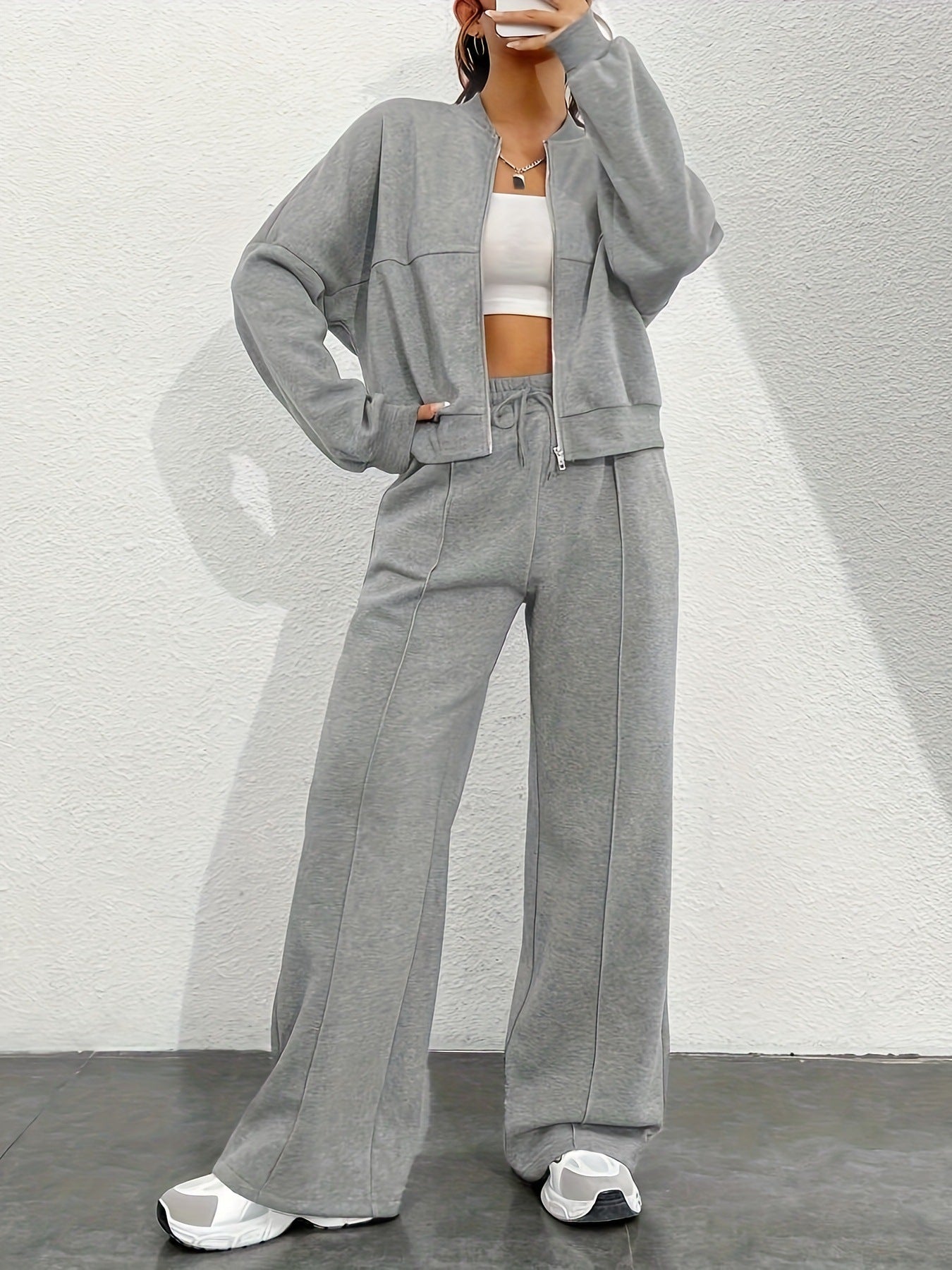 Damen lässiger Sweat-Anzug mit komfortablem Schnitt und praktischen Taschen Amawinc