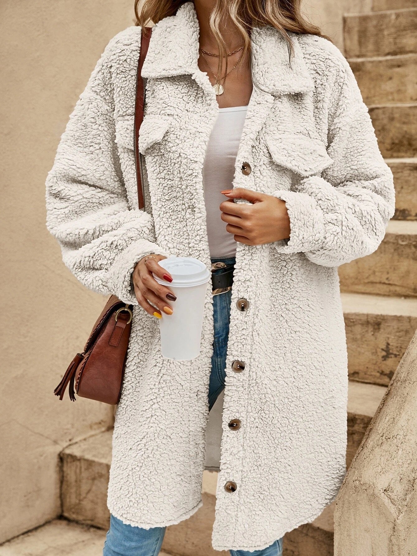 Manteau Long Femme en Polaire Peluche Oversize Bouton Sur Devant Avec Col Revers