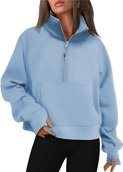 Damen kuscheliger Half-Zip Pullover mit Kapuze und Kängurutasche Amawinc