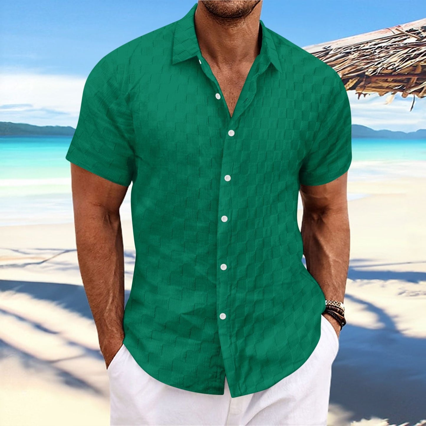 Chemise Décontractée Pour Homme Nordisk Flair Coupe Regular Manches Courtes Tissage Texturé Respirant Mélange Coton