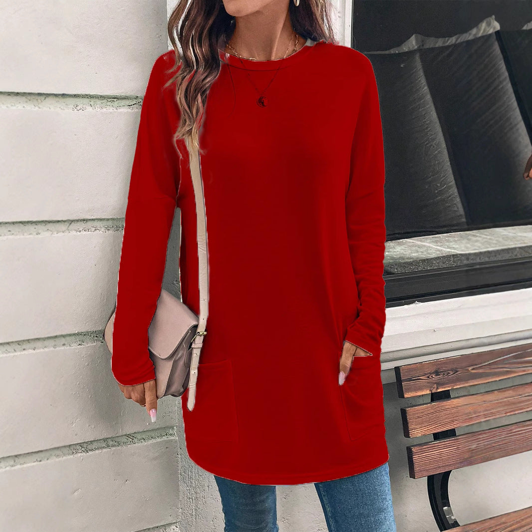 Sweatshirt Femme Décontracté Longueur Tunique En Coton Mélangé Col Rond Poches Latérales Confort