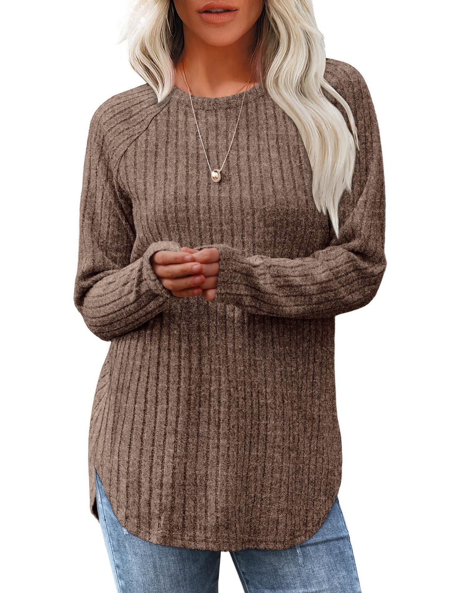 Damen weicher und lässiger Strickpullover mit Rippenmuster Amawinc
