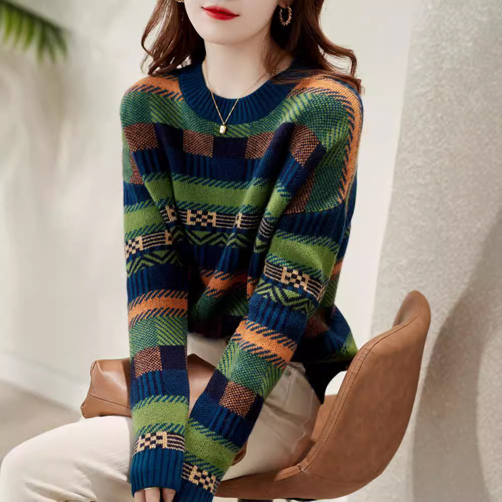 Damen Gemusterter Strickpullover mit Rundhalsausschnitt und weich-flauschiger Textur Amawinc - Amawinc