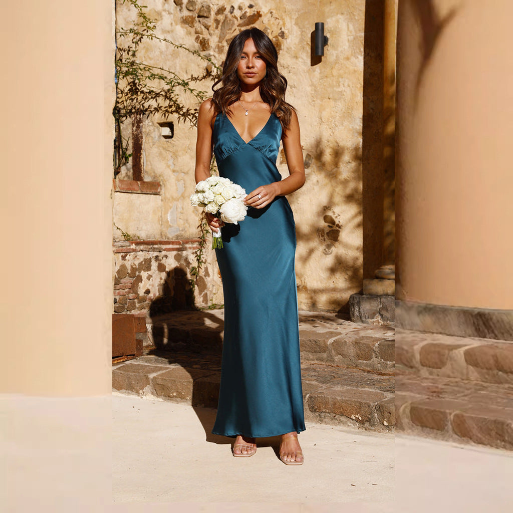 Damen Satin Maxikleid mit eleganter V-Form und fließendem Schnitt Amawinc