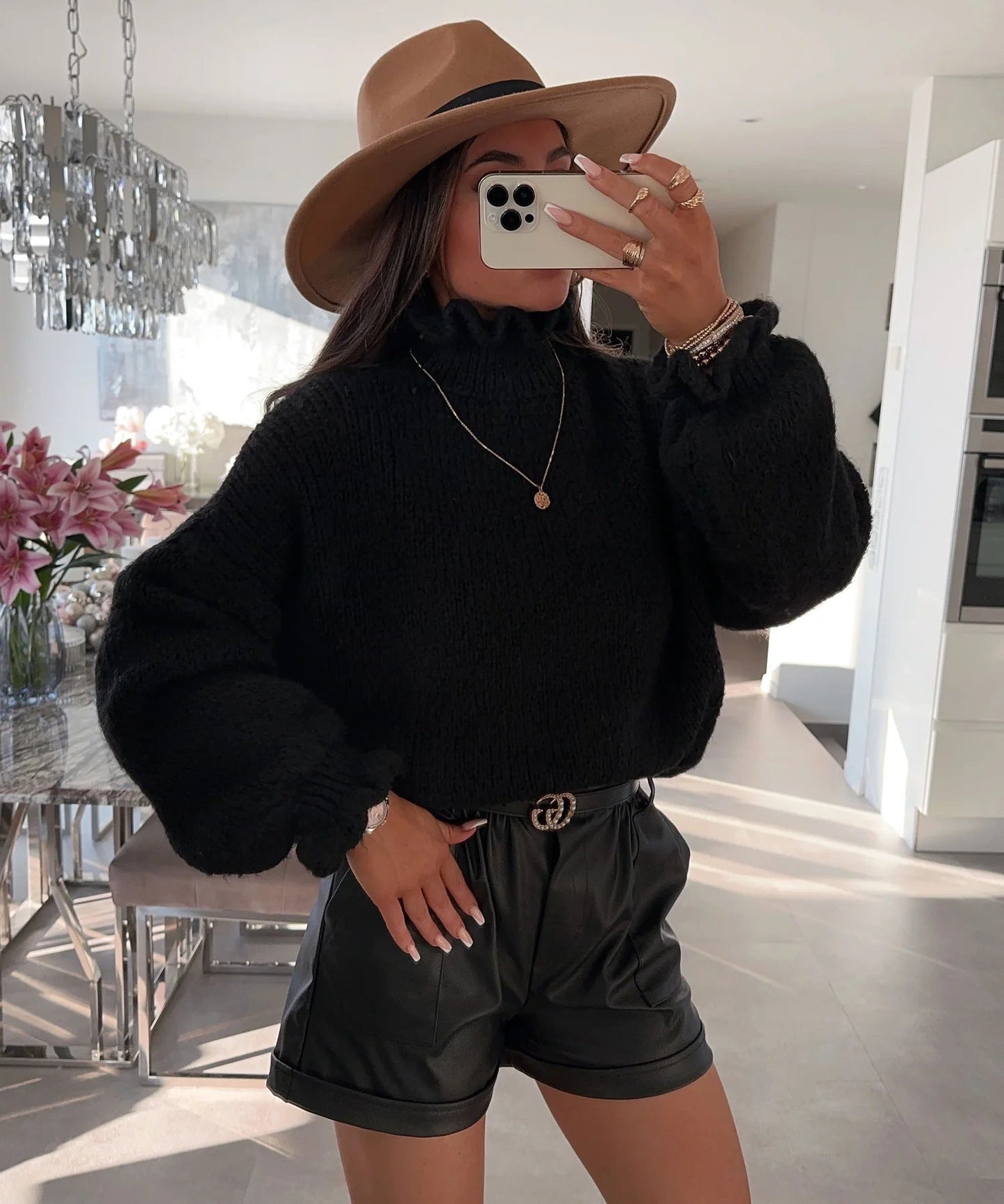 Damen kuscheliger Rollkragenpullover mit weiten Ärmeln und strukturellem Design Amawinc