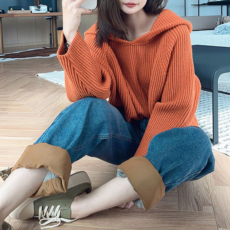 Damen lässiger Strickpullover mit Kapuze und weit geschnittenen Ärmeln Amawinc