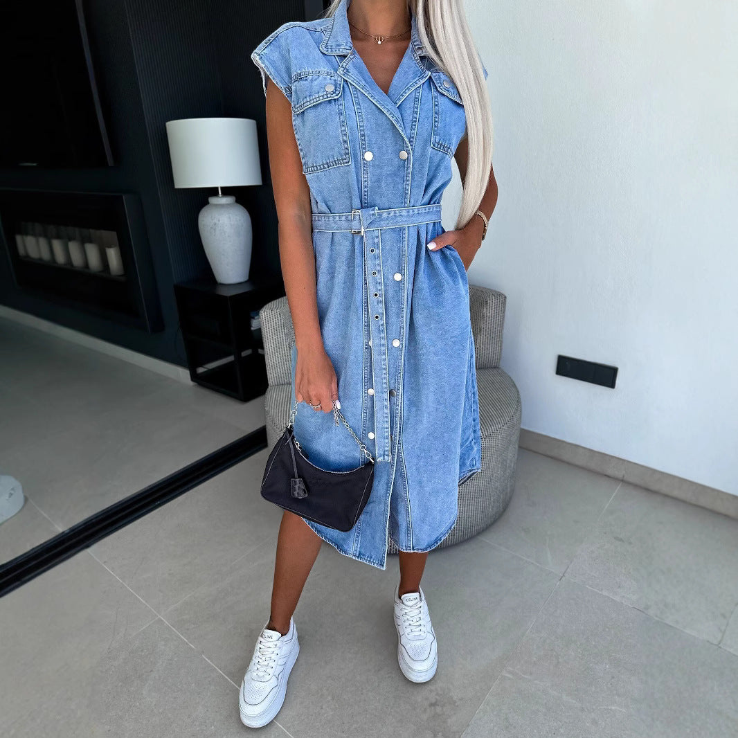 Robe En Jean Femme Sans Manches À Fermeture Boutonnée Avec Ceinture Nœud Taille Mi Longue Décontractée
