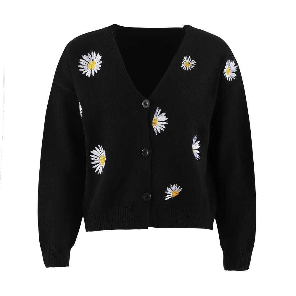 Damen Strickjacke mit Blumenstickerei und V-Ausschnitt Amawinc