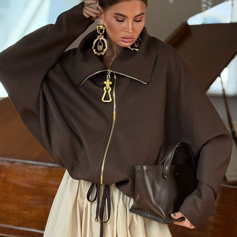 Damen Lässige Oversize-Jacke mit hohem Kragen und Reißverschluss Amawinc