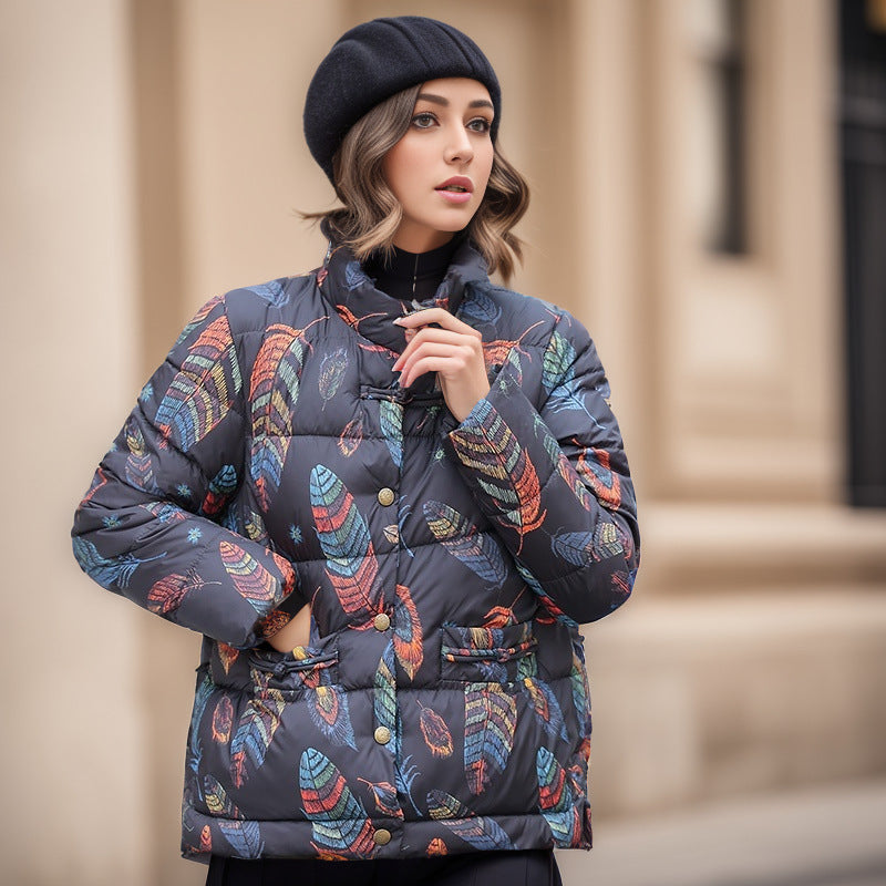 Damen gesteppte Winterjacke mit buntem Kunstdesign und praktischen Taschen Amawinc