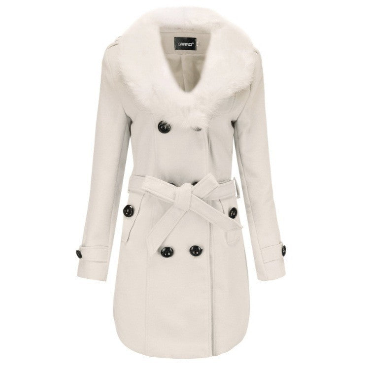 Damen Eleganter Trenchcoat mit abnehmbarem Fellkragen Amawinc