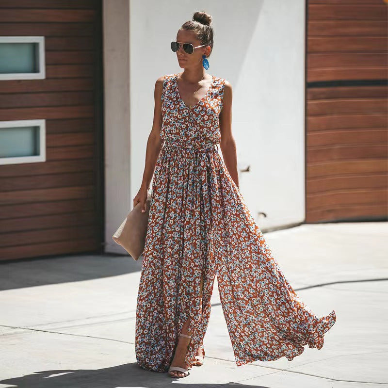 Robe Maxi Femme Sans Manches Imprimé Floral Coton Léger et Respirant Décolleté en V Profond Avec Nœud Amawinc